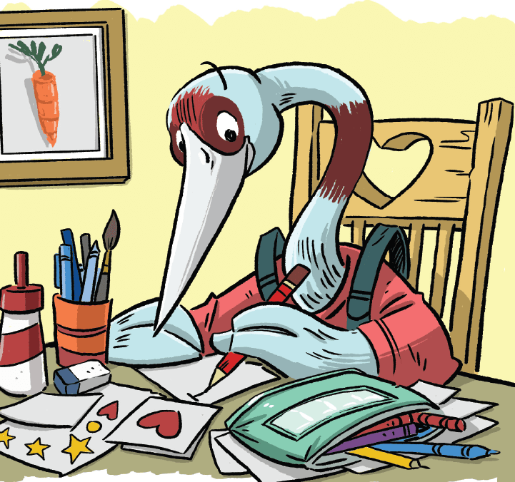 An animated stork is drawing greeting cards at a desk scattered with crayons, glue and a pot of brushes and pens